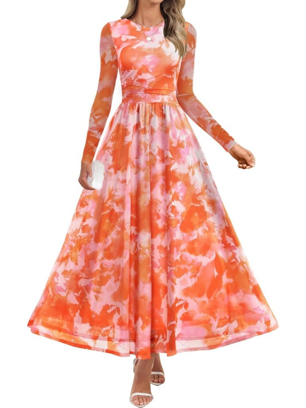 Women's Orange Crewneck Maxi Dress Long Sleeve Slimming Cocktail Party Dresses
